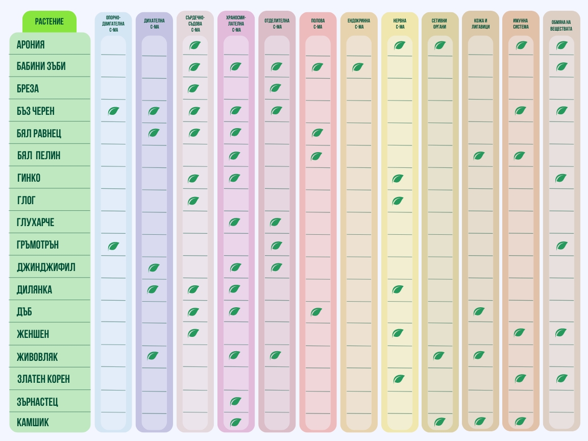 таблица с органите и системите в тялото, за които помагат отделни билки